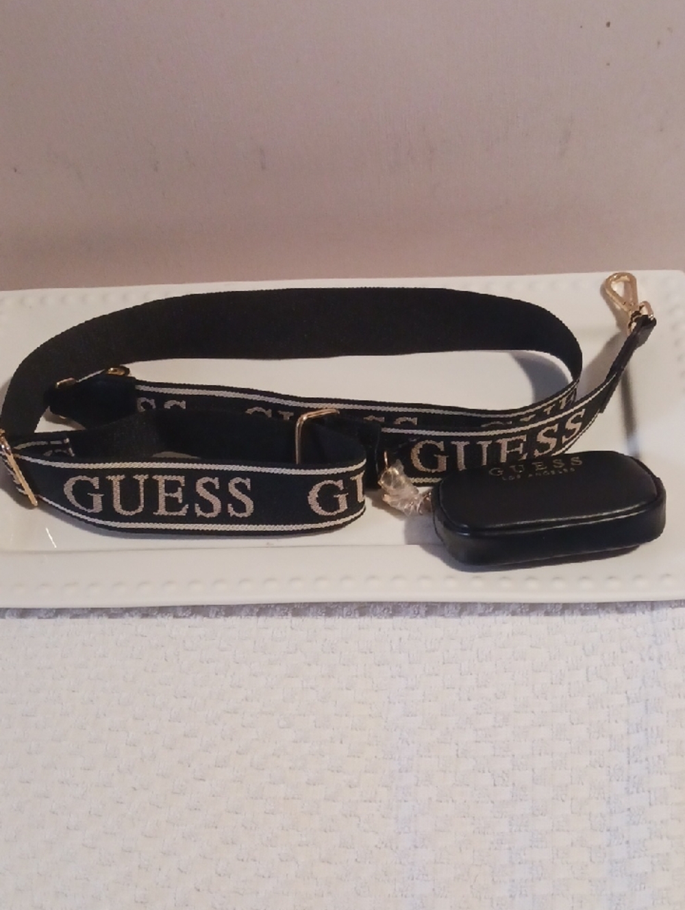 ⚜️GUESS ⚜️Black and Gold Logo Adjustable Bag Strap with Coin Pouch